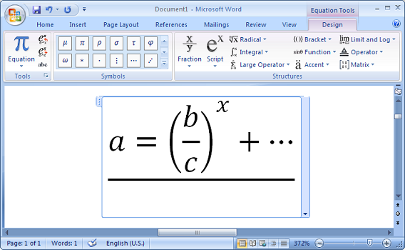 Screenshot: Microsoft Word 2007 mit geöffnetem Ribbon des Formeleditor sowie einer aktiven Formel im Dokument