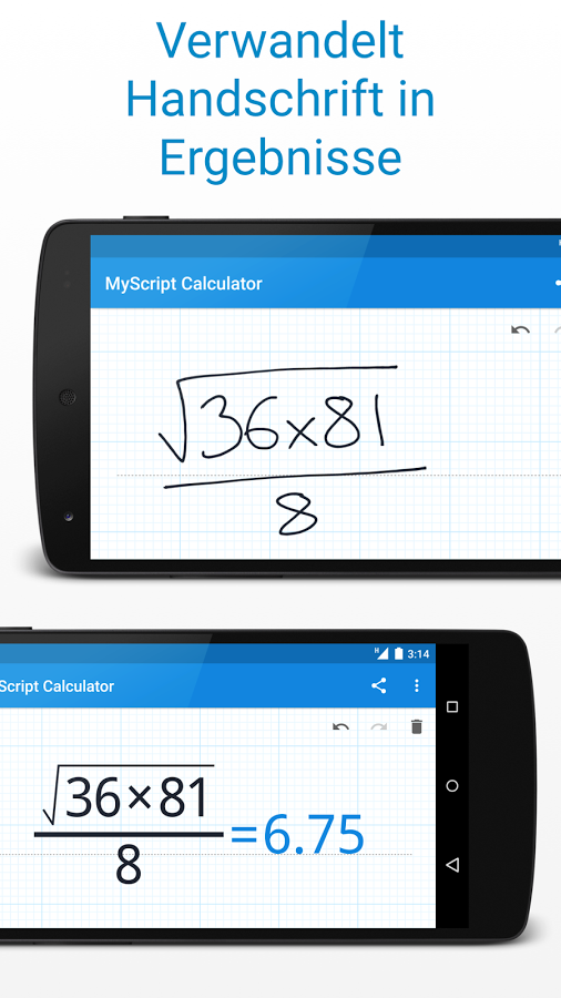 Screenshot: MyScript Calculator App wandelt einfache handschriftliche Eingaben per Touchscreen in Textsatz um und berechnet das Ergebnis