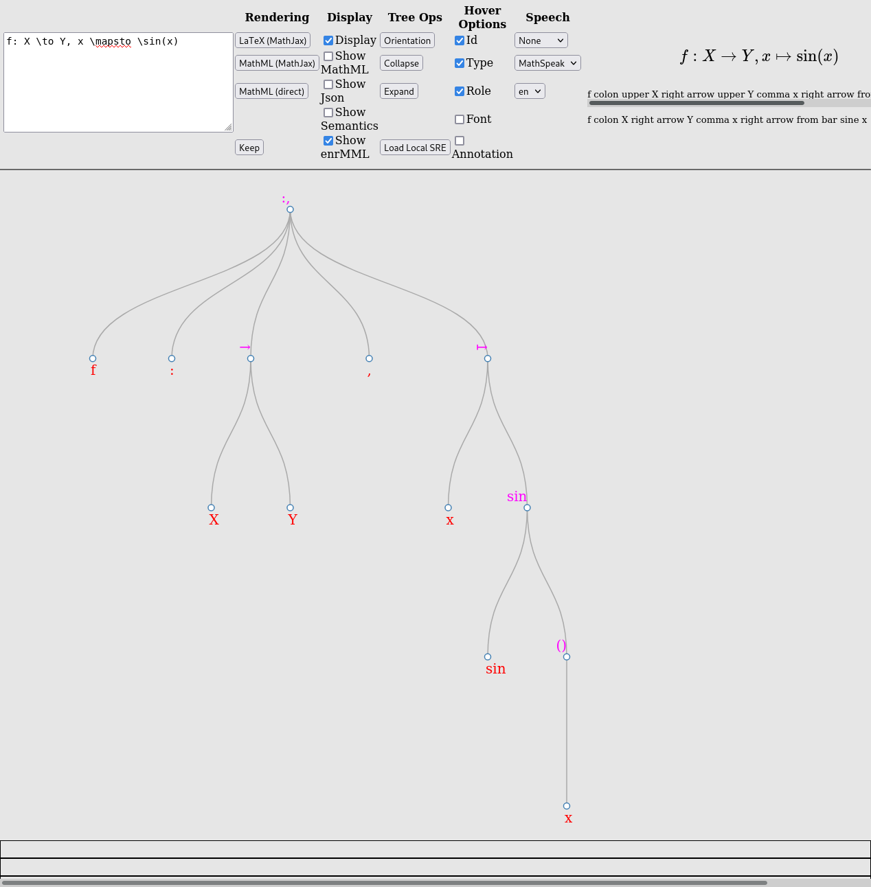 screenshot from the above webpage, showing various UI options and the resulting semantic tree for a simple function declaration for sine of x